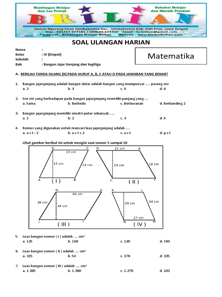 Soal Matematika Kelas 4 Sd Bab 6 Bangun Datar Jajargenjang Dan Segitiga Dan Kunci Jawaban Pdf