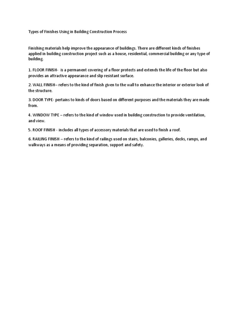 Types of Finishes Using in Building Construction Process | PDF
