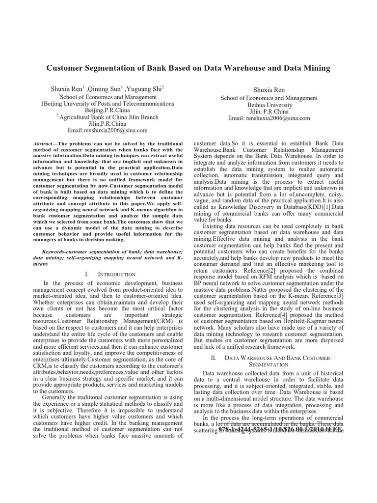 Bank Based On Data Warehouse Pdf Cluster Analysis Market Segmentation