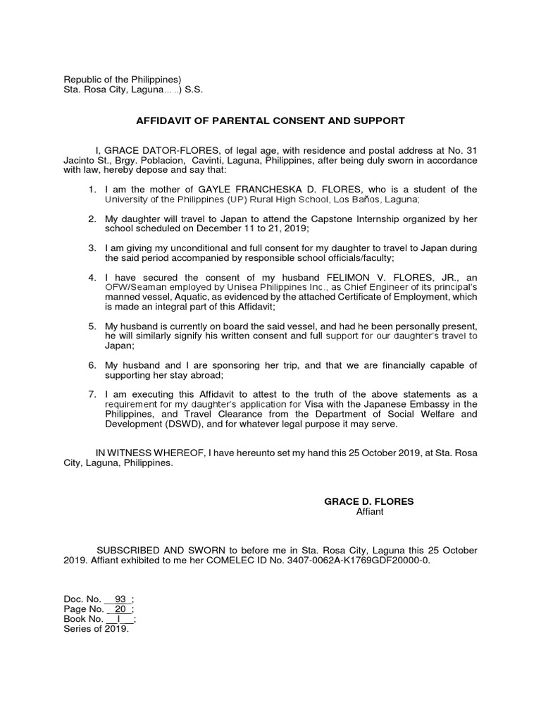 Affidavit of Parental Consent for Travel | PDF | Social Science