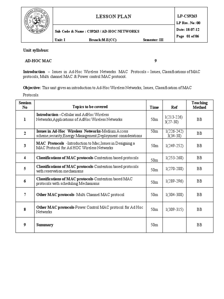 Unit Syllabus Lesson Plan PDF Wireless Ad Hoc Network Wireless