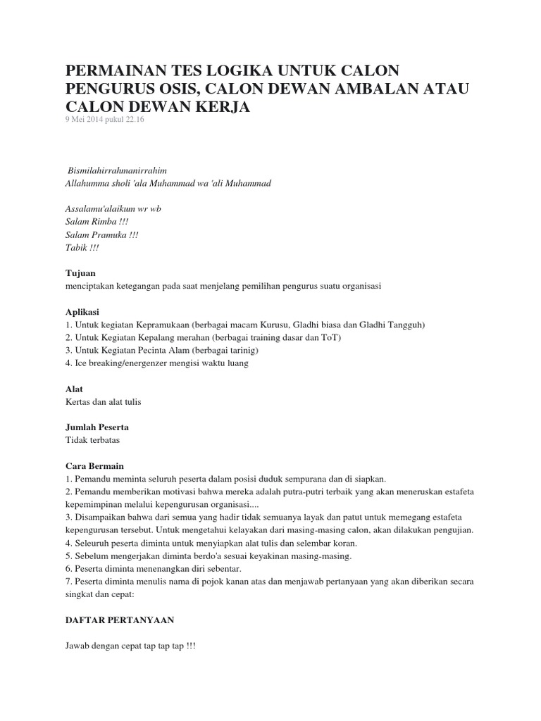 Permainan Tes Logika Untuk Calon Pengurus Osis