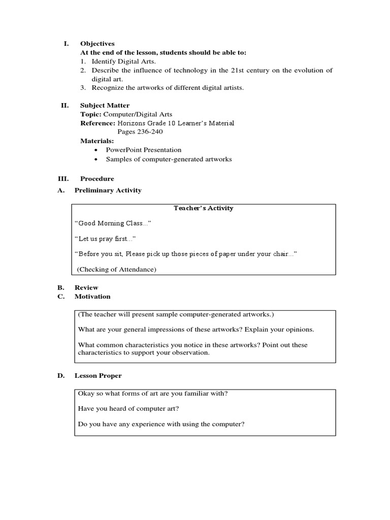 5 Lesson Plan in Digital Art PDF Computer Art Teachers