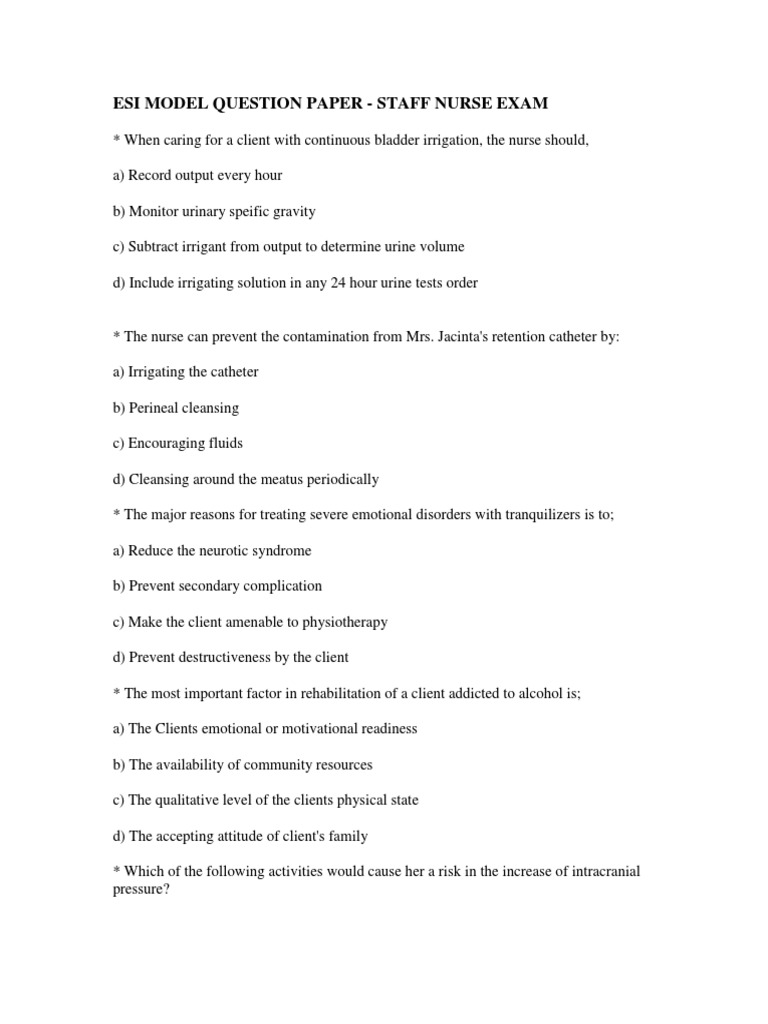Staff Nurse Exam Question Paper | PDF