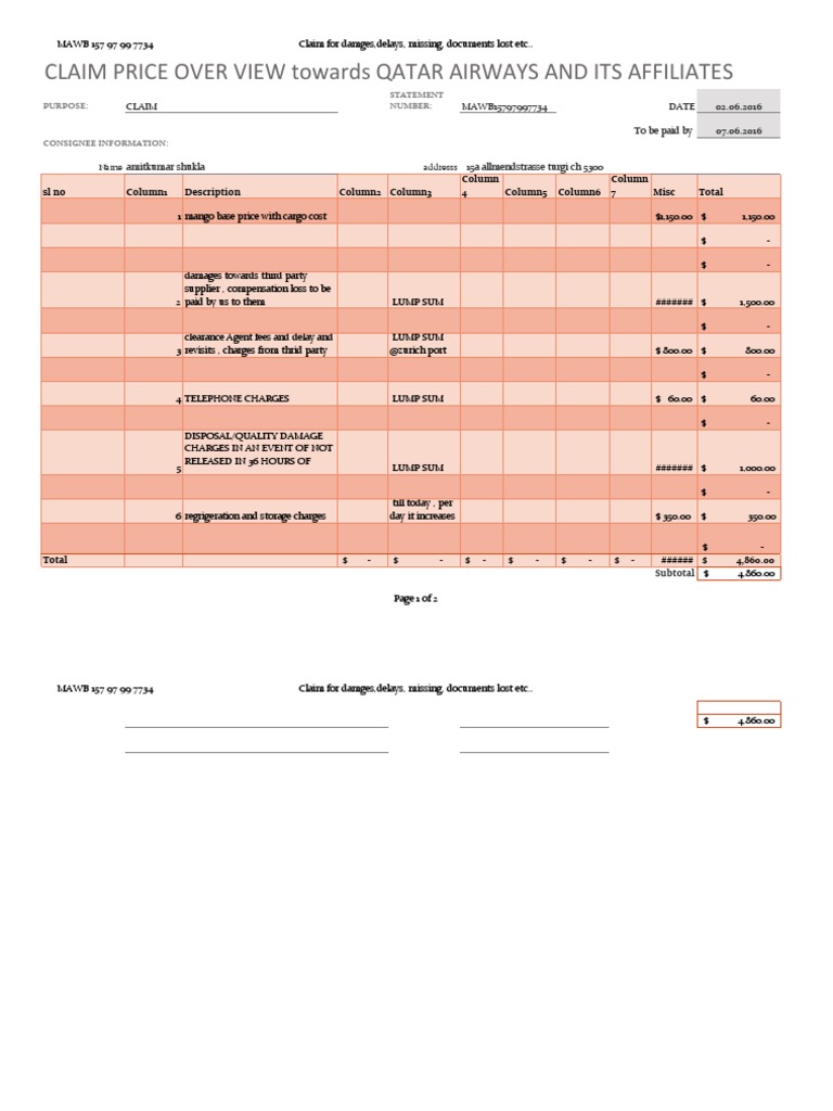 Claim for Damages, Delays, Missing Documents, and Lost Cargo Incurred
