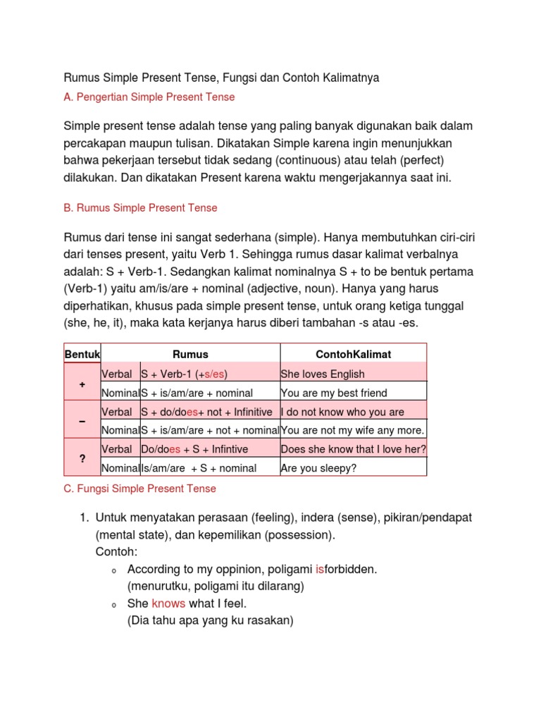 Rumus dan Fungsi Simple Present Tense | PDF | Kajian Bahasa Asing ...