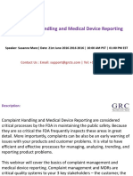 Complaint Handling and Medical Device Reporting