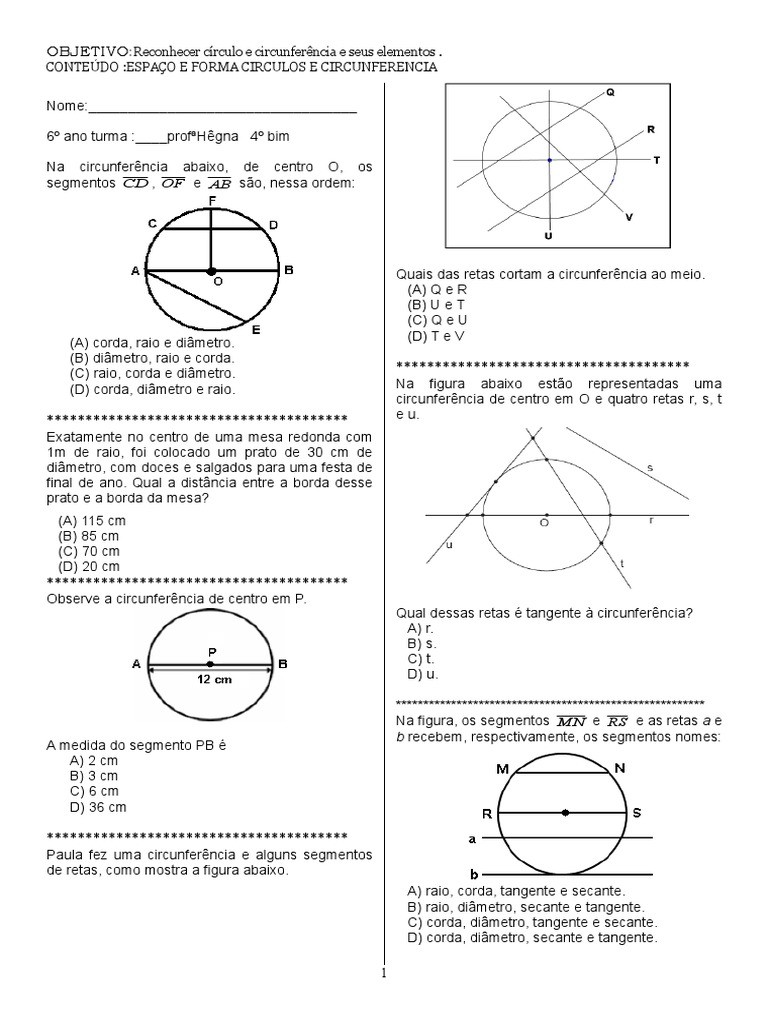 Atividades sobre Círculo e Circunferência 6º Ano | PDF | Círculo ...