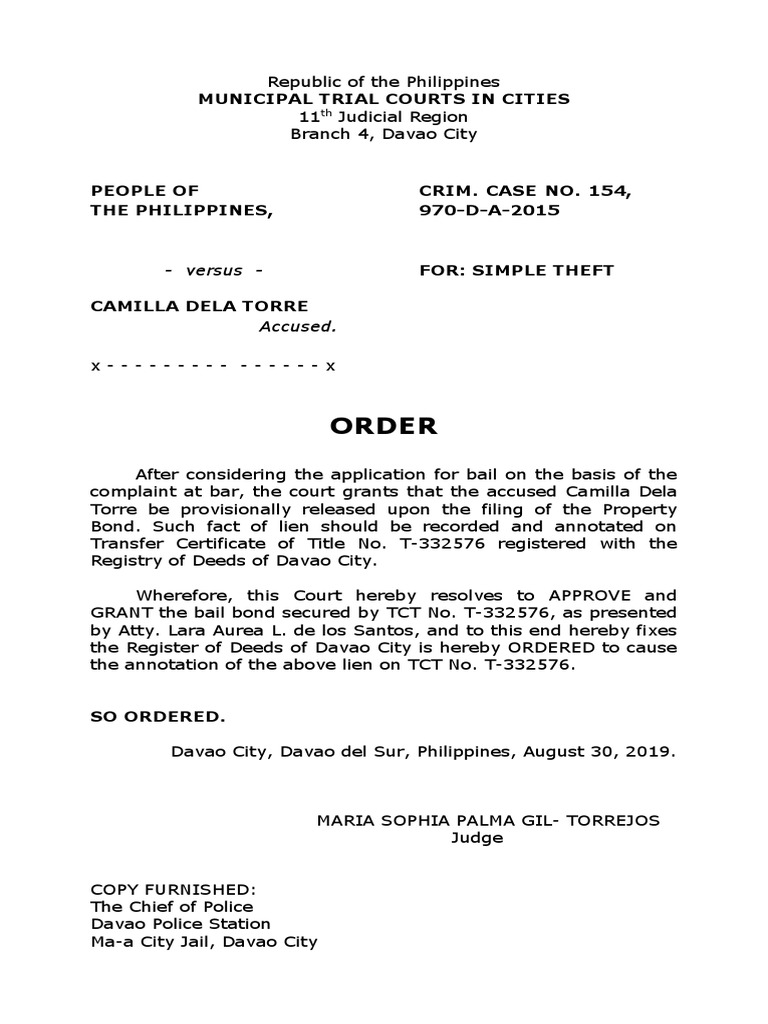 Bail Order for Simple Theft Case in Davao | PDF | Social Science | Home ...