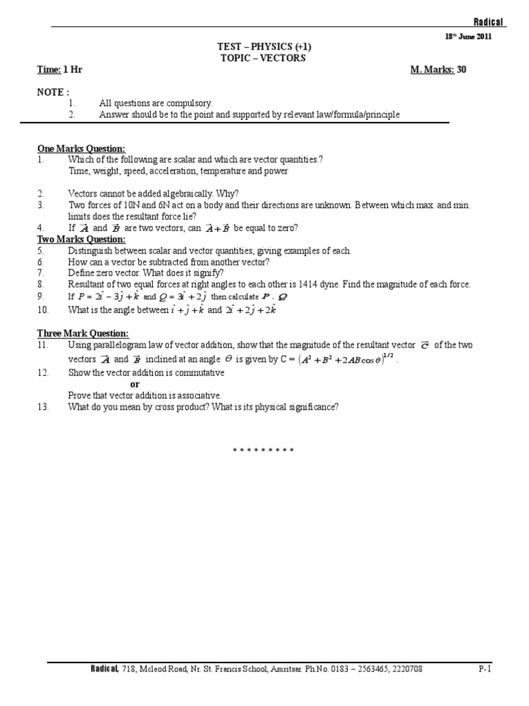 Physics Test on Vectors Concepts | PDF | Euclidean Vector | Force