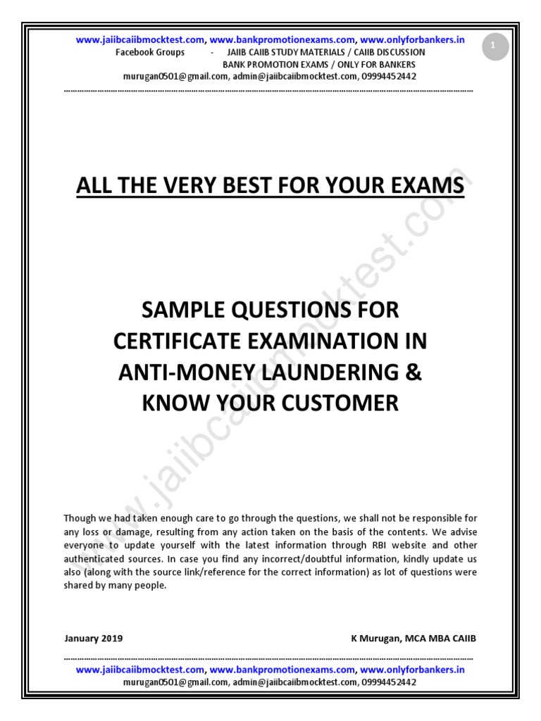 AML-KYC-Sample Questions by Murugan | Money Laundering | Banks