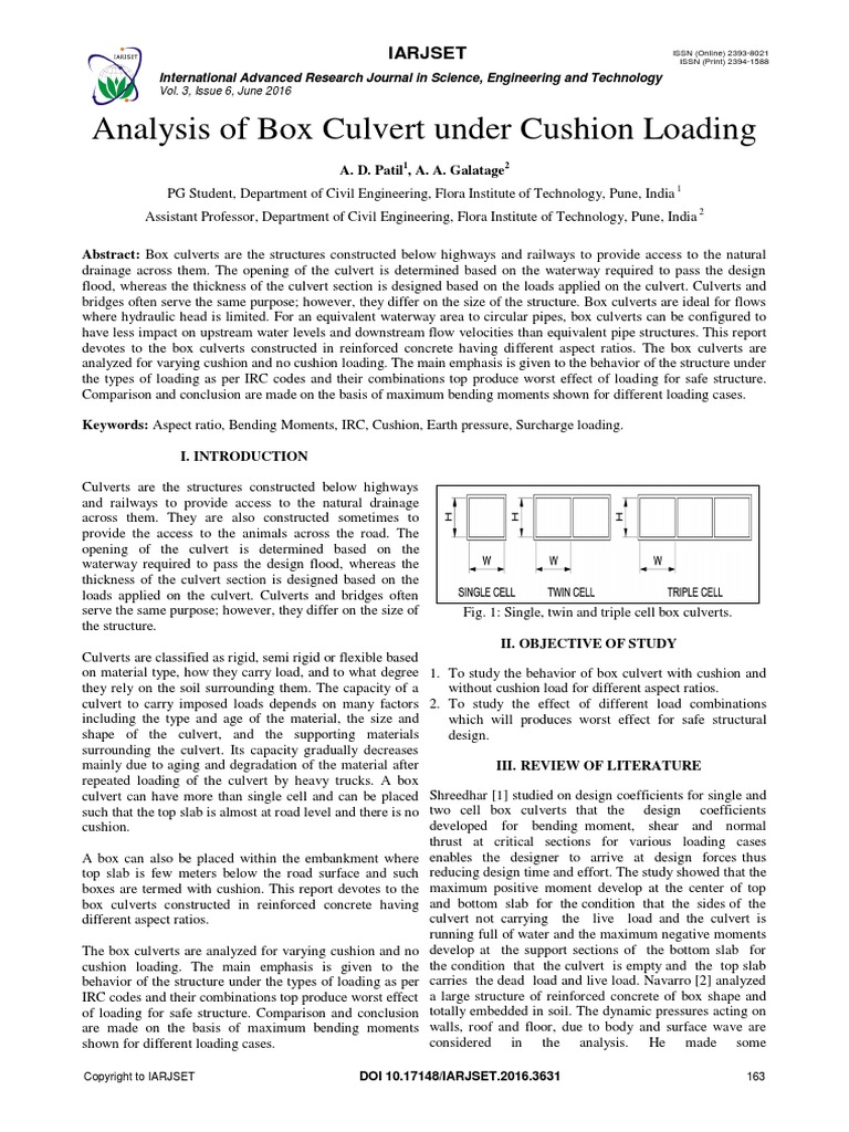 Analysis of Box Culvert Under Cushion Loading: Iarjset | PDF | Bending ...