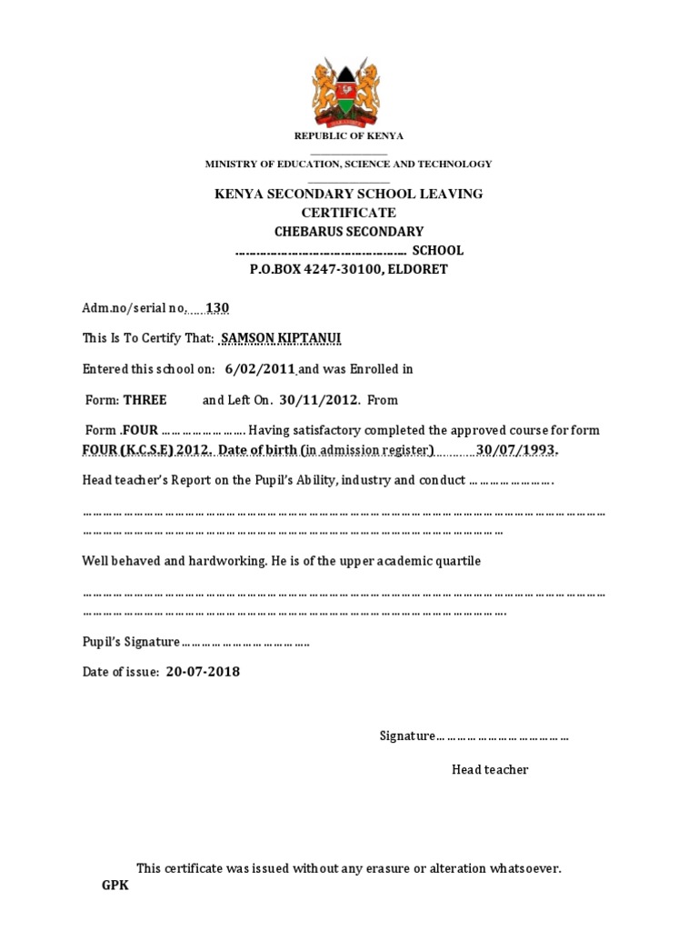 Kenya Secondary School Leaving Certificate Chebarus Secondary . SCHOOL