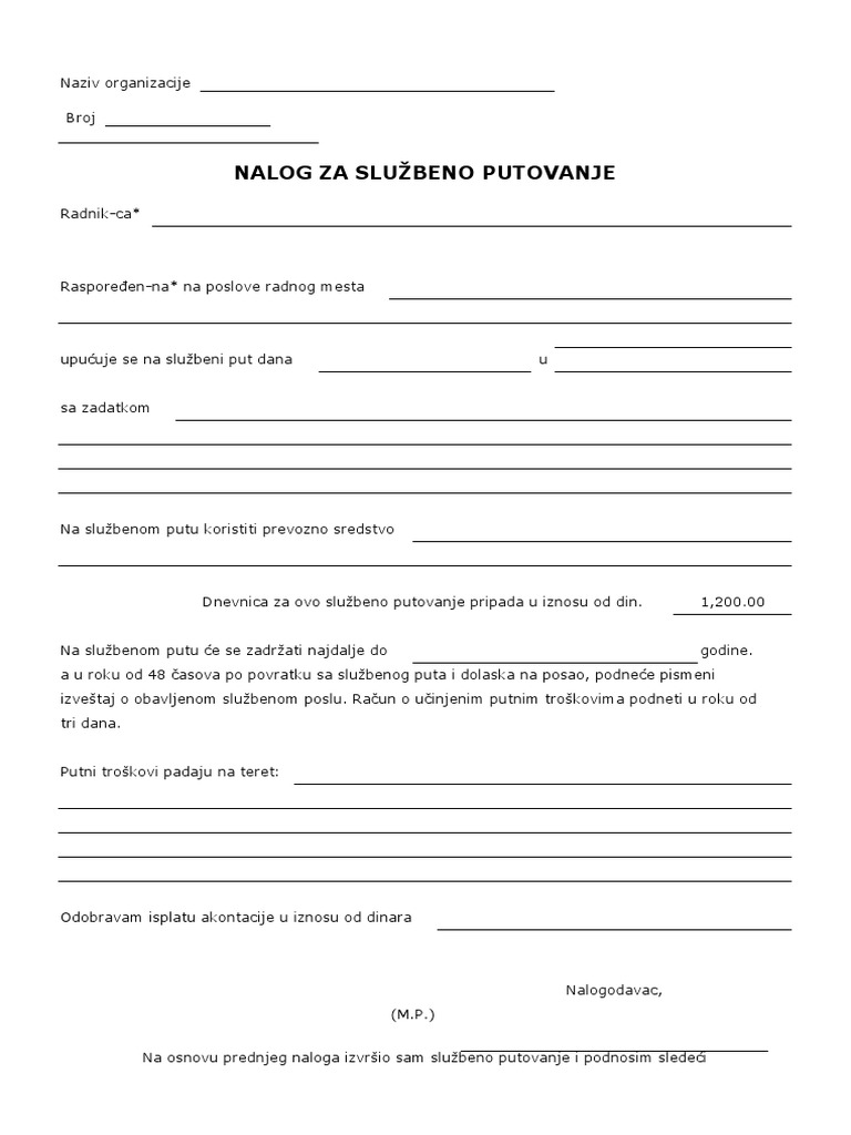 Putni Nalog Za Sluzbeno Putovanje | PDF
