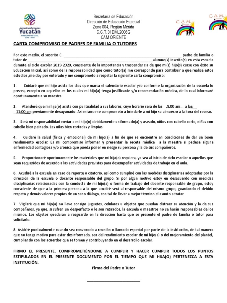 Carta Compromiso para Padres de Familia | PDF | Educación avanzada