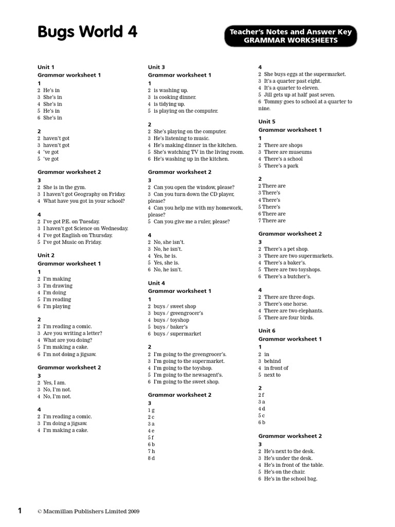 Bugs World 4: Teacher's Notes and Answer Key Grammar Worksheets | PDF