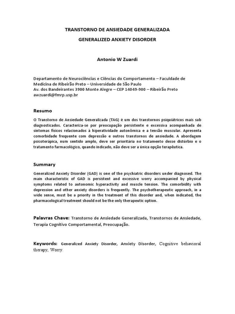 Transtorno de Ansiedade Generalizada | PDF | Terapia cognitiva ...