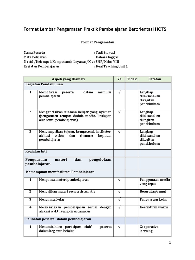 Format Lembar Pengamatan Praktik Pembelajaran Berorientasi Hots