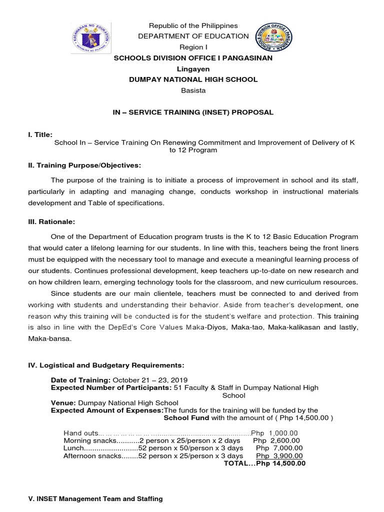 INSET Training Proposal for Teachers | PDF | Curriculum | Teachers