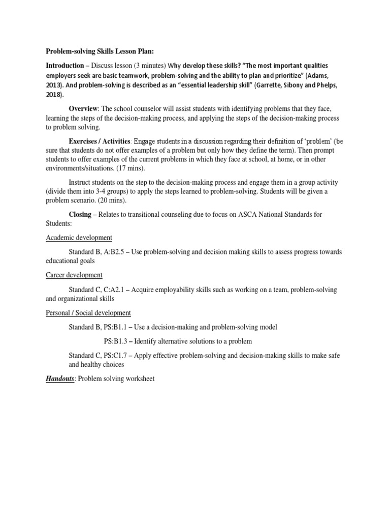 Problem-Solving Skills Lesson Plan | PDF | School Counselor | Decision ...