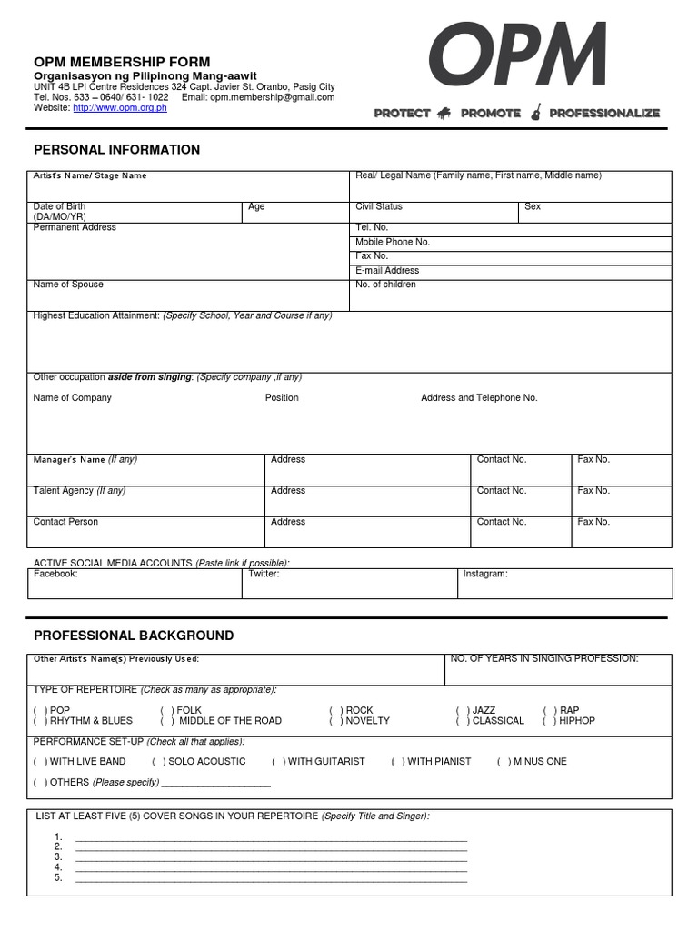 Opm Membership Form: Personal Information | PDF | Singing ...