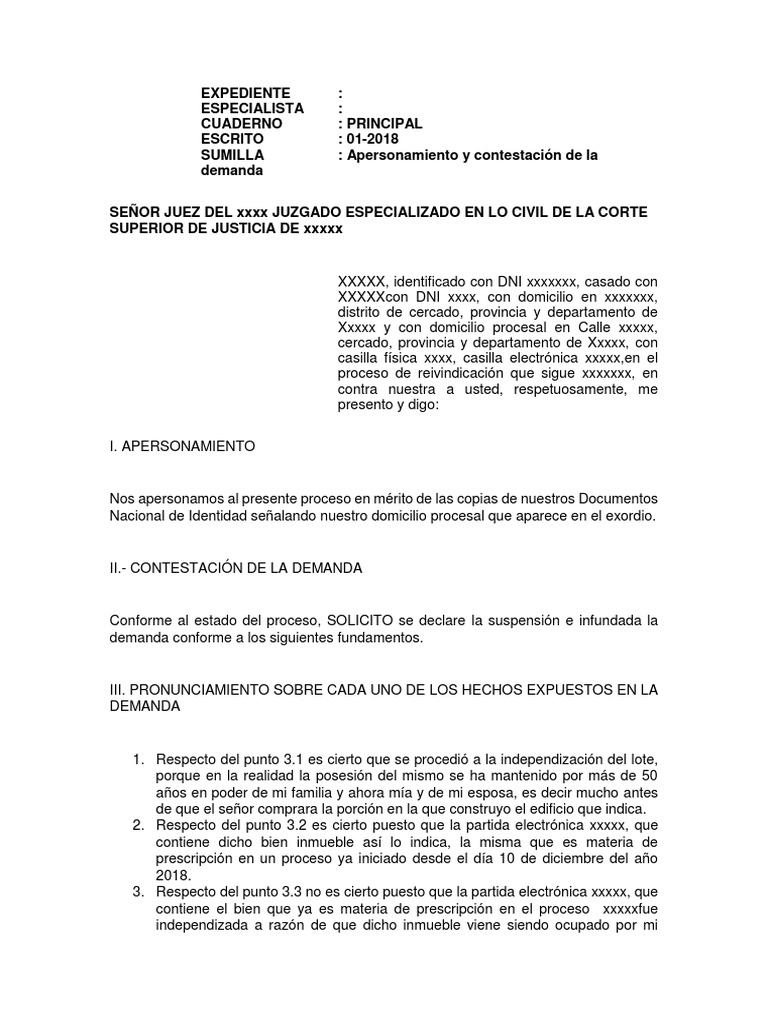 Modelo de Contestacion de Demanda de Reinvindicacion | PDF | Posesión ...