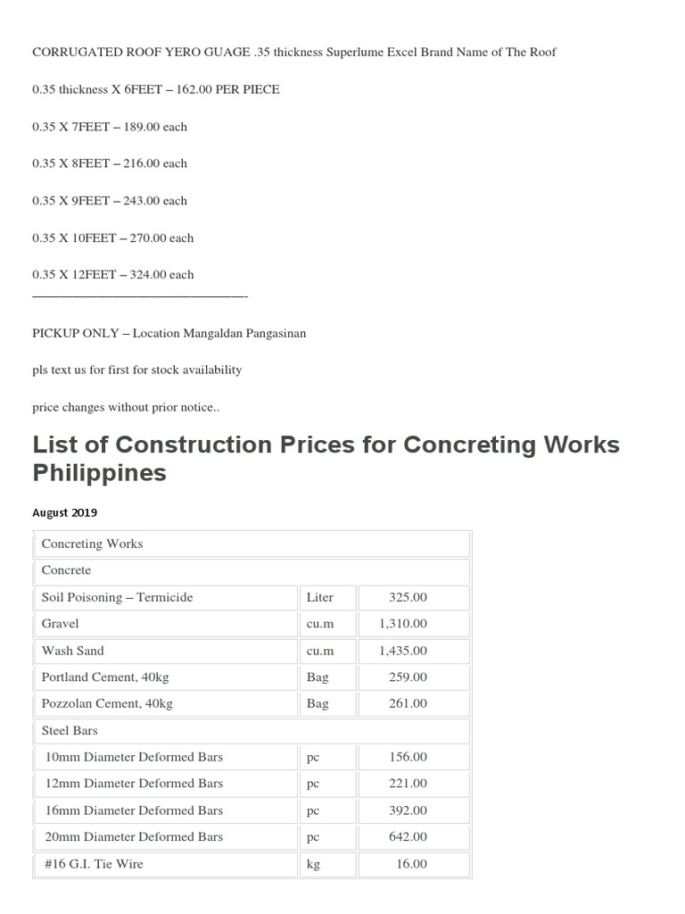 List of Construction Prices for Concreting Works Philippines