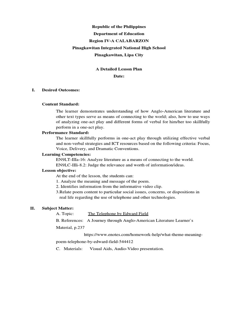 DLPThe Telephone by Edward Field7 Lesson Plan Psychological Concepts