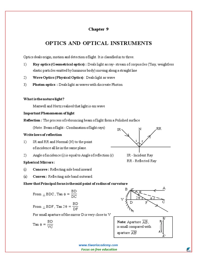 12 Physics Revision Notes Chapter 9 | PDF | Lens (Optics) | Refraction
