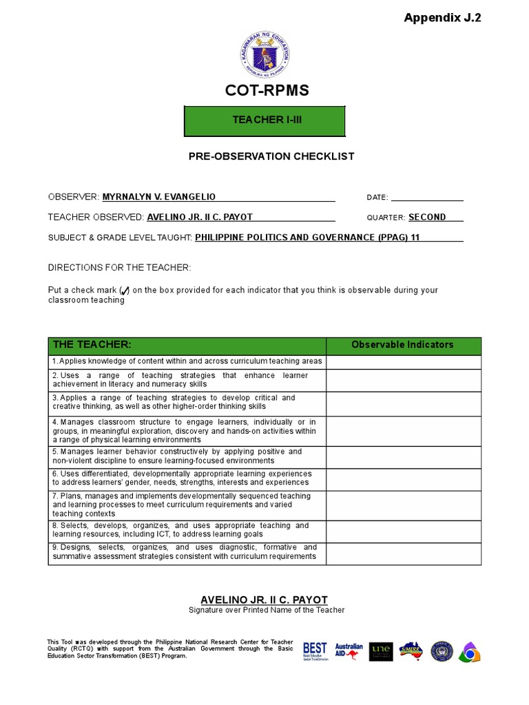 Pre-Observation Checklist for Teachers | PDF | Curriculum | Learning