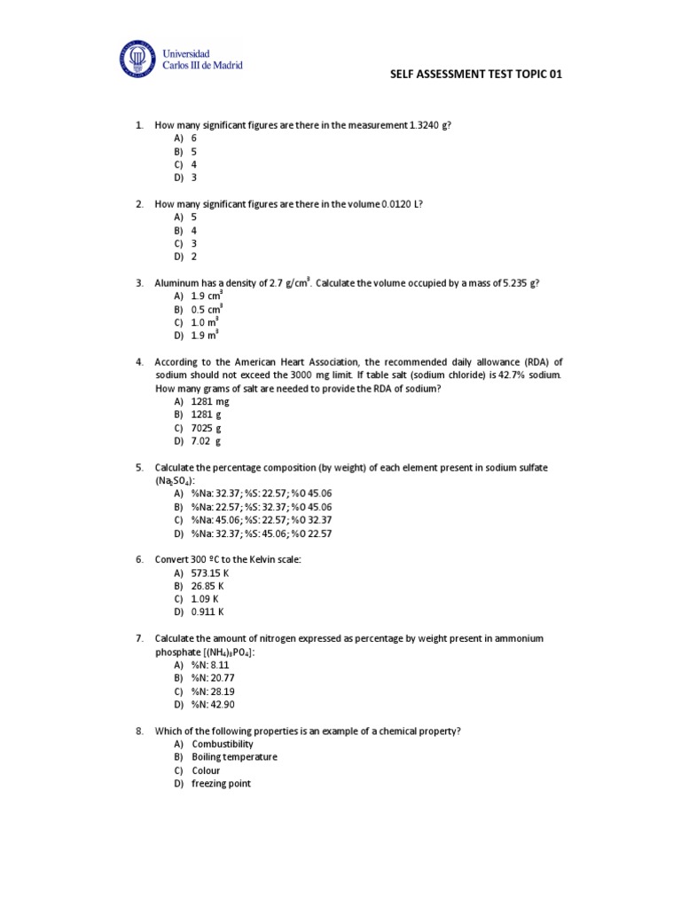 Self Assessment Test Topic 01 | PDF | Science & Mathematics ...