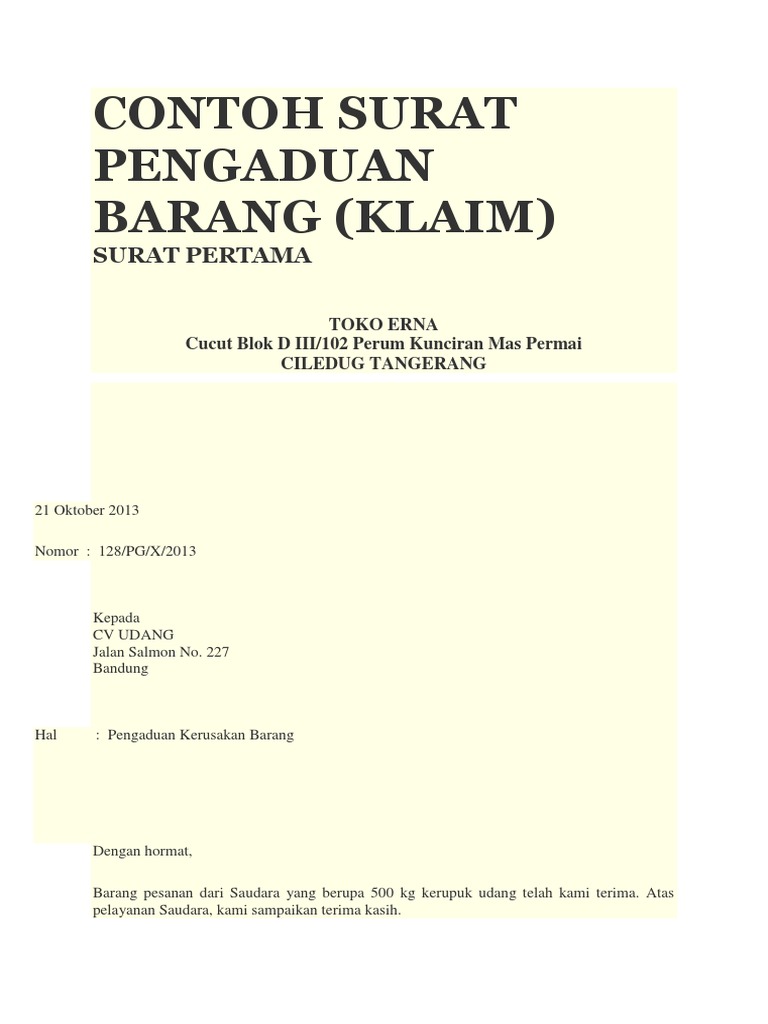 Contoh Surat Pengaduan Barang Klaim