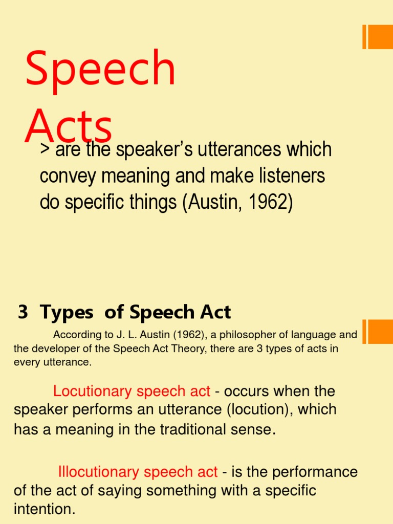 Huddle rapport Ejendomsret Speech Acts: Are The Speaker's Utterances Which Convey Meaning and Make  Listeners Do Specific Things (Austin, 1962) | PDF | Philosophical Movements  | Communication