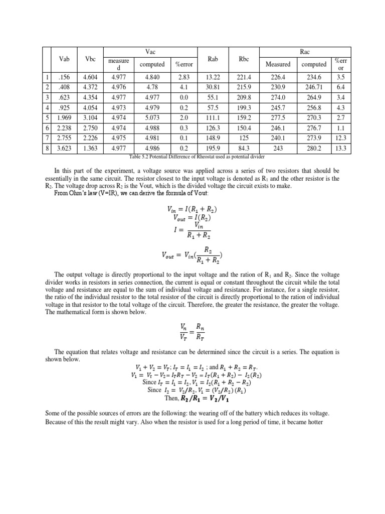 Table 5.2 Potential Difference of Rheostat Used As Potential Divider
