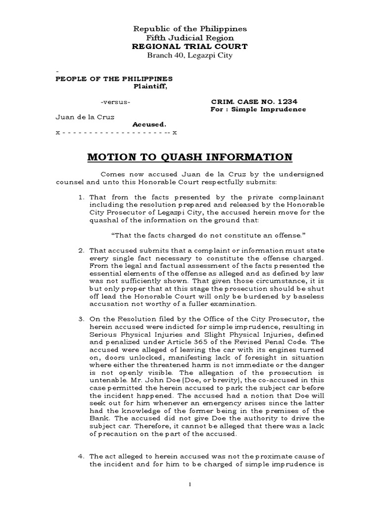Motion To Quash Information Sample PDF Prosecutor Criminal Justice