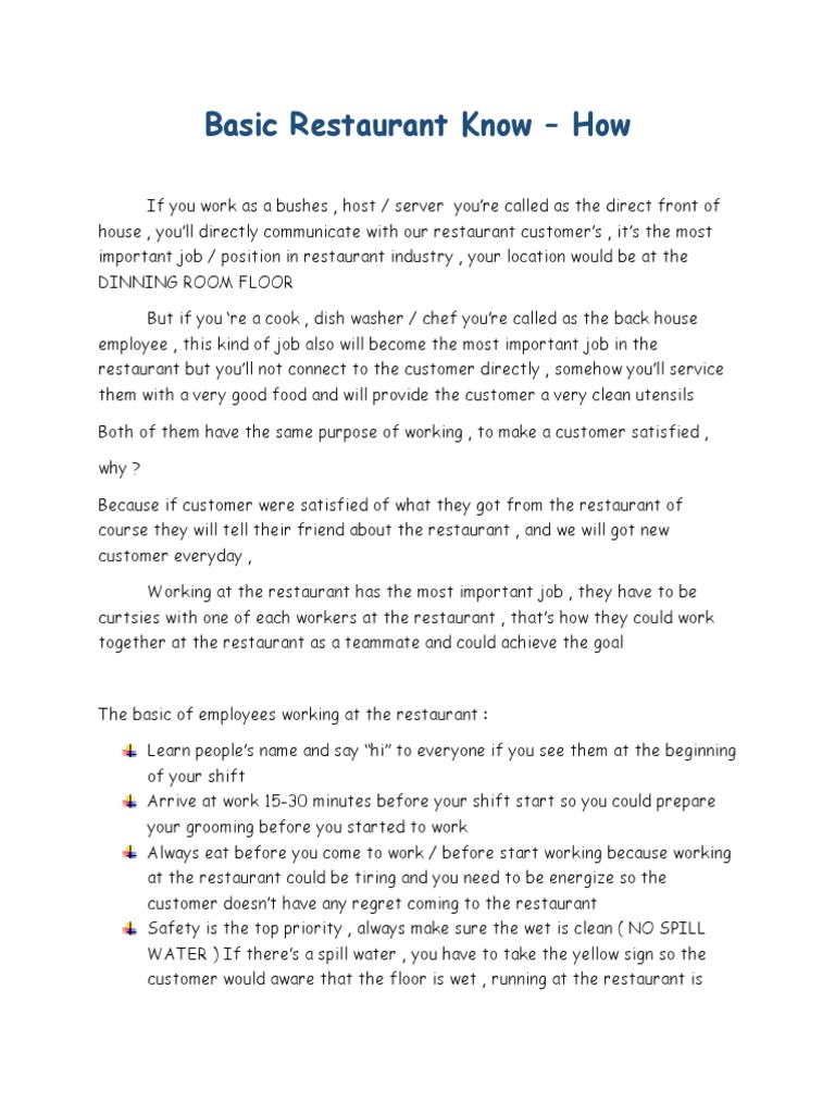 Basic Restaurant Know | PDF | Restaurants | Sanitation