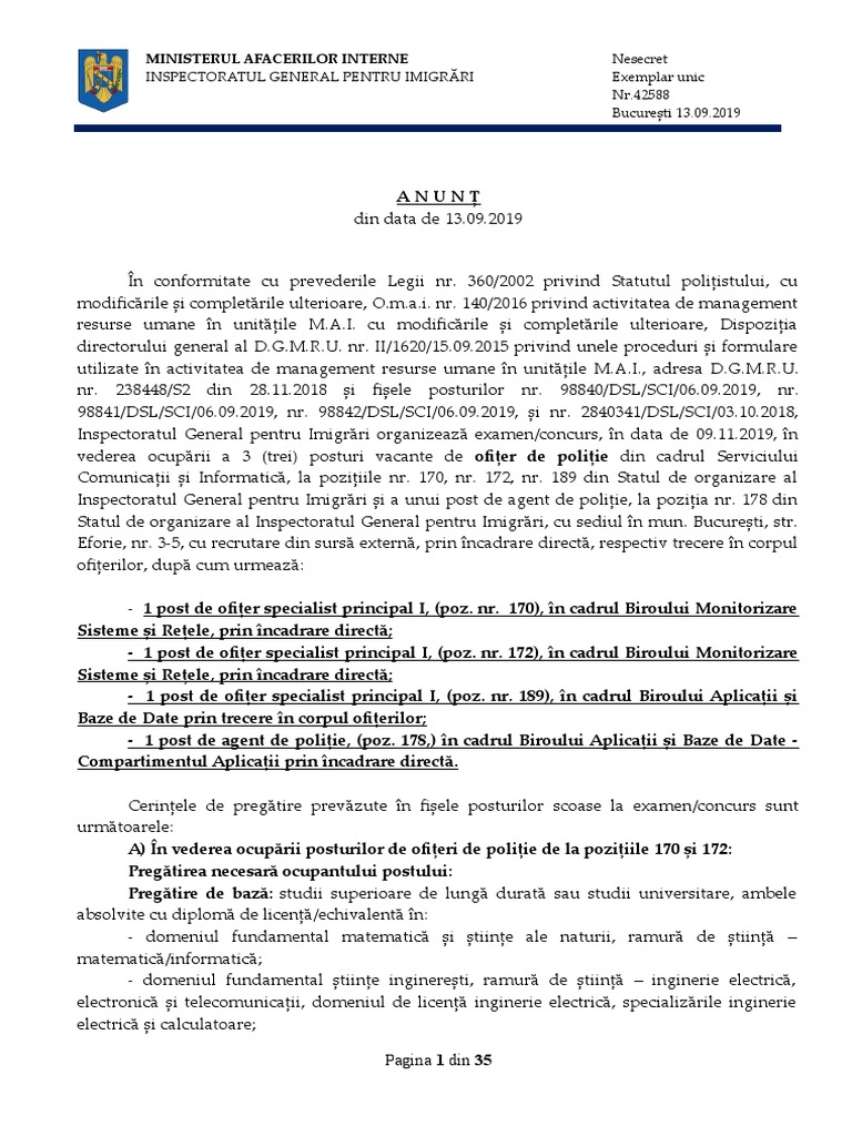 Anunt Concurs Ofiteri Si Agent De Politie Serviciul Comunicatii Si Informatica