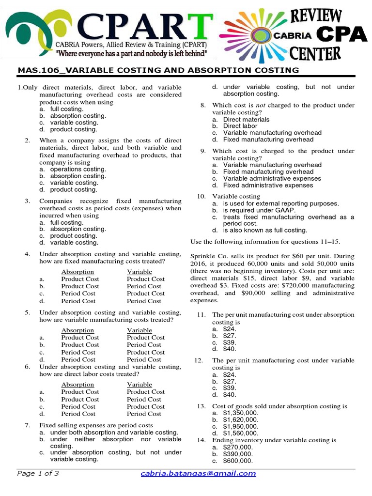 Variable vs. Absorption Costing Guide | PDF | Cost Of Goods Sold | Net ...