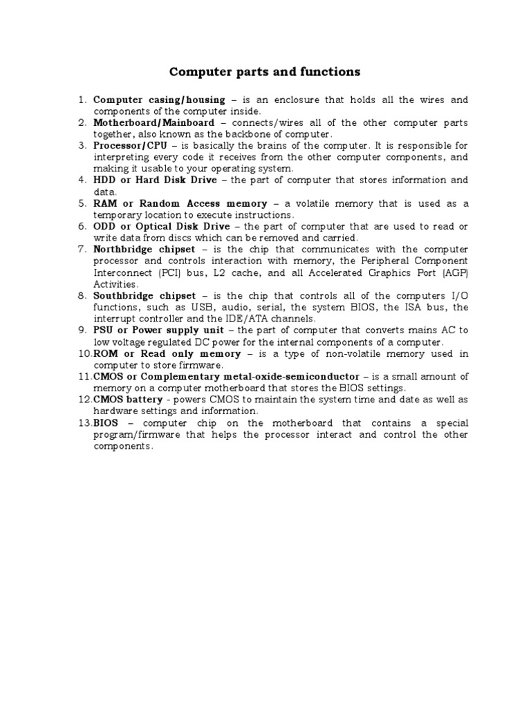 Computer Parts and Functions PDF