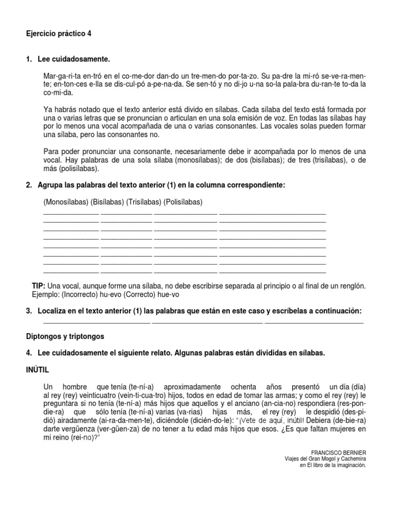 Ejercicios de División Silábica 4° Grado | PDF | Sílaba | Vocal