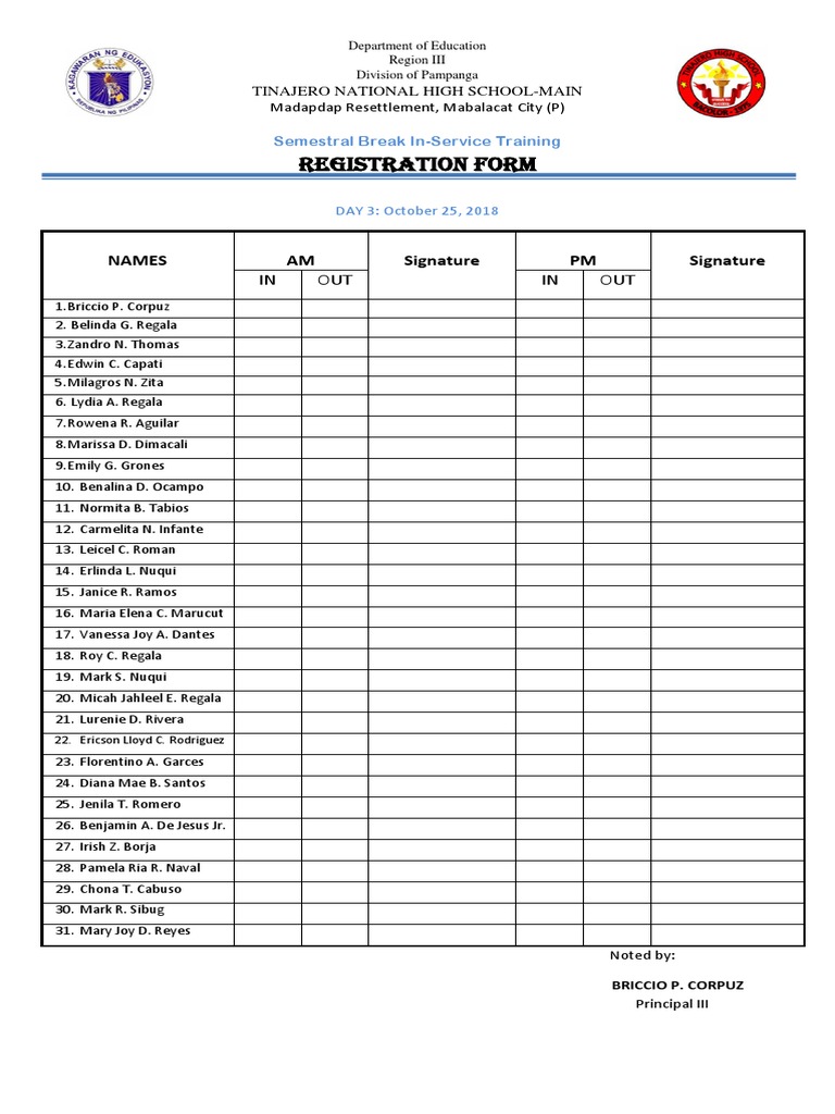 Registration Form: Names AM Signature PM Signature | PDF