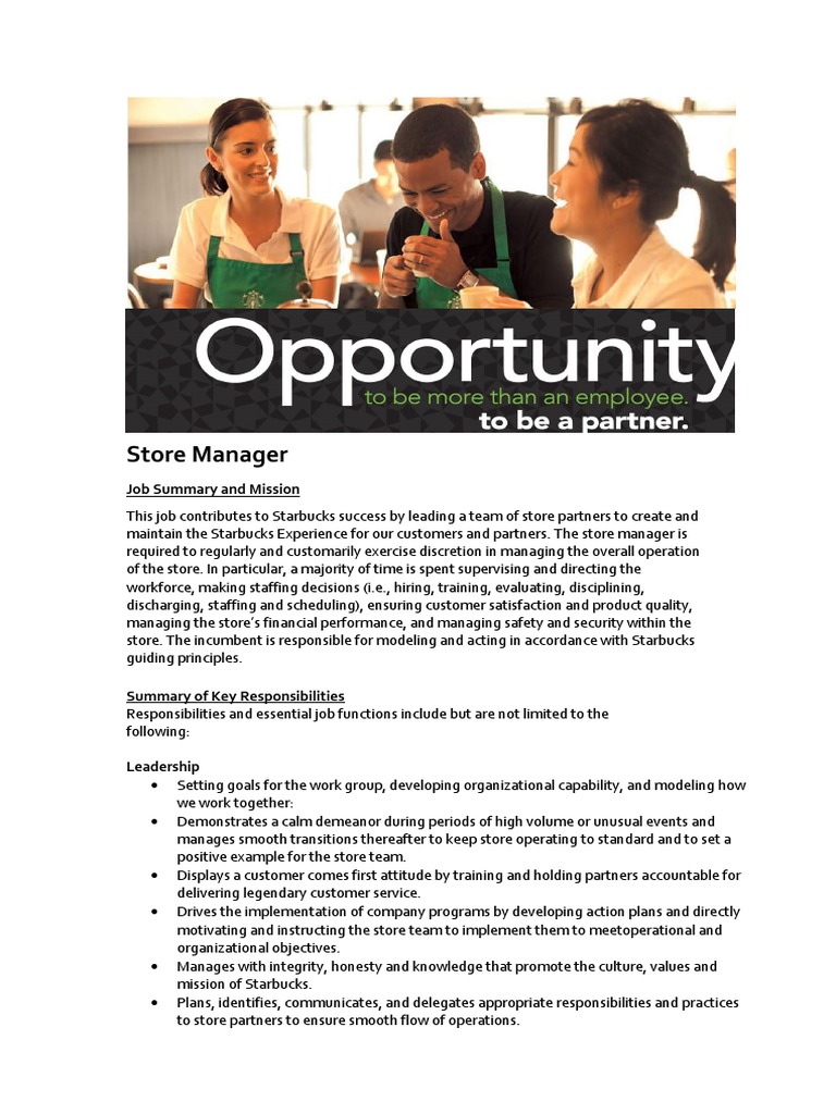 Starbucks Store Manager - Job Description | PDF | Goal | Team Building