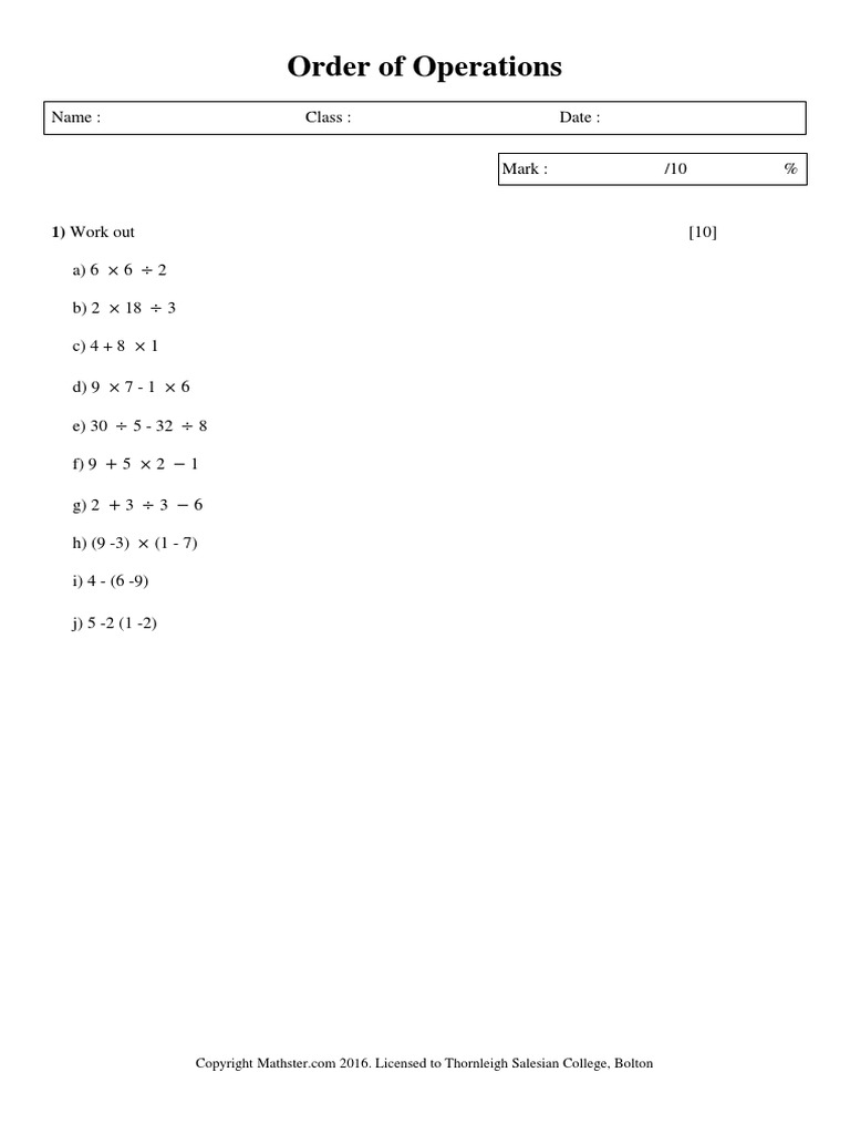 Order of Operations - 1 | PDF