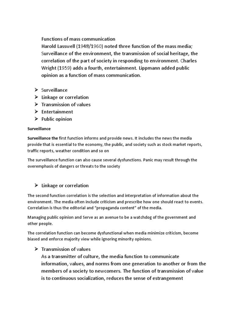 Functions of Mass Communication Explained | PDF | Mass Media | Value ...