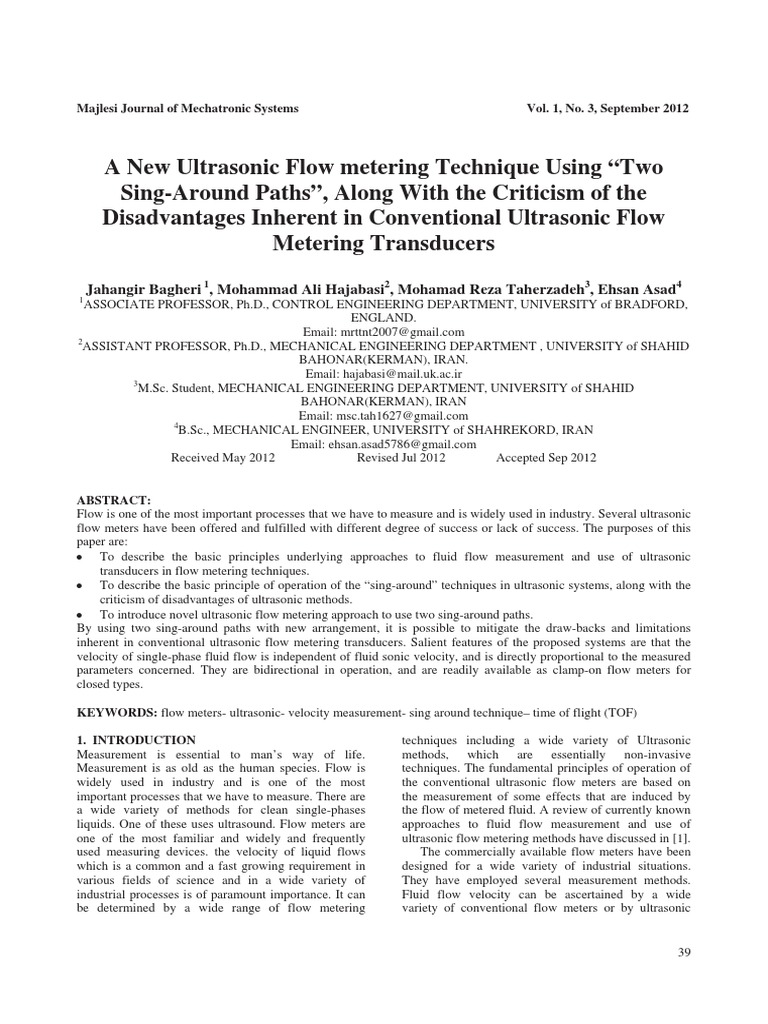 Novel Ultrasonic Flow Metering Technique | PDF | Flow Measurement ...