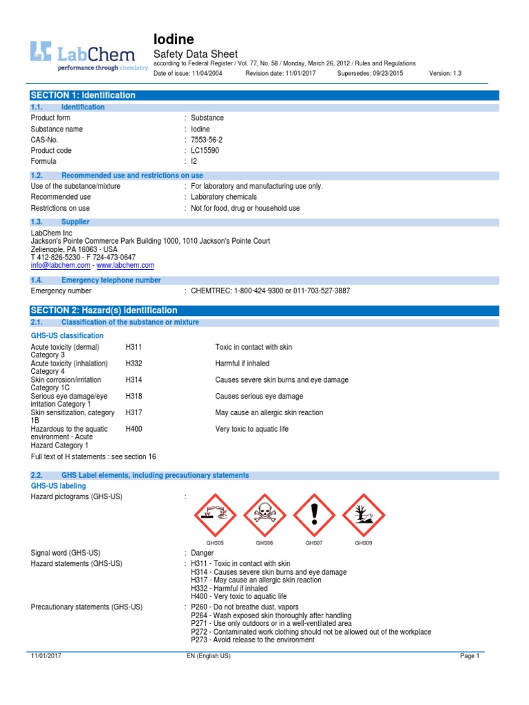 Iodine Safety Data Sheet PDF Toxicity Firefighting
