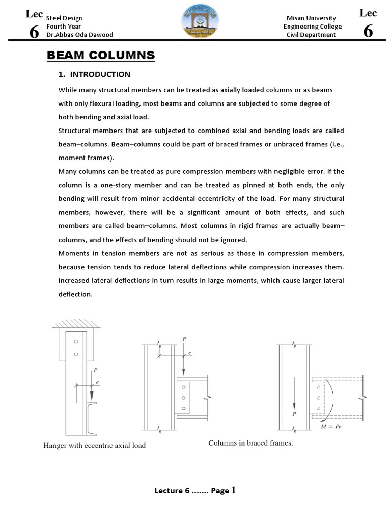 Beam Column Sample Lecture Pdf Beam Structure Bending