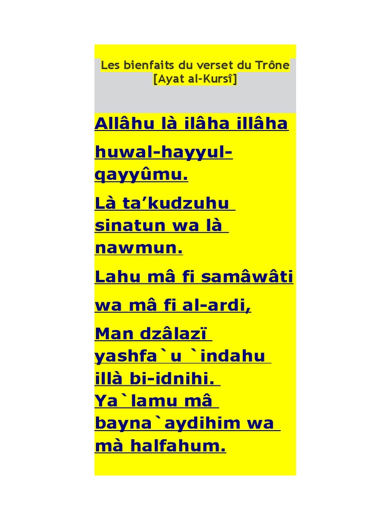 Les bienfaits du verset du Trône [Ayat alKursî] Coran Religions et croyances