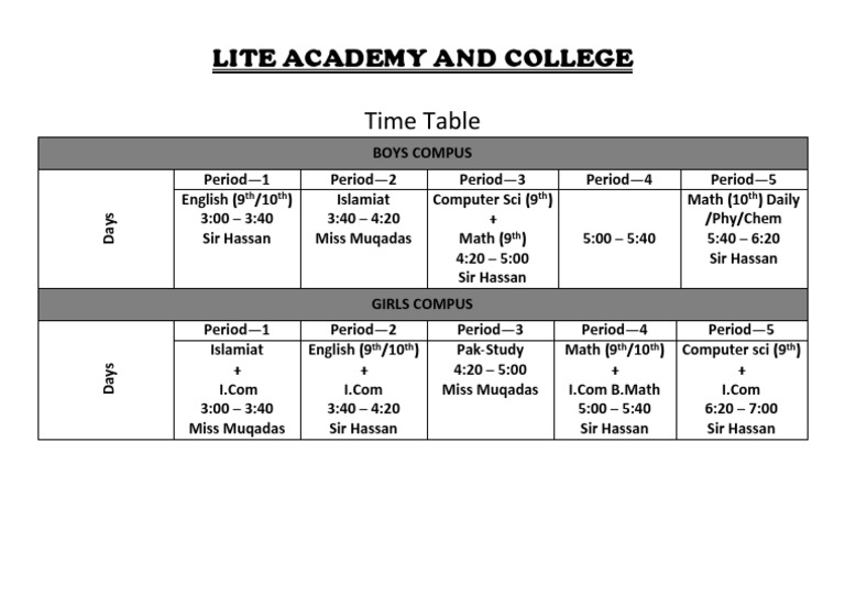 Lite Academy and College Time Table: TH TH TH TH | PDF