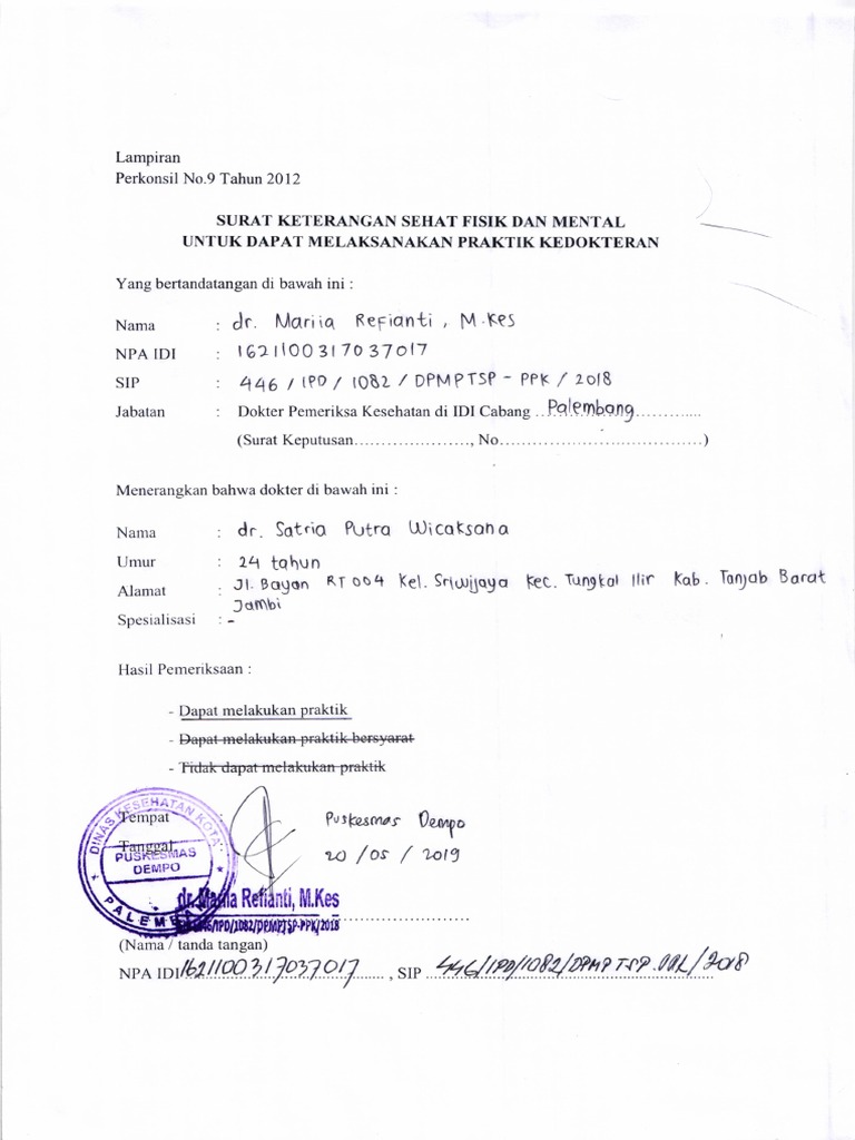 Surat Keterangan Sehat Internship Satria Putra Wicaksana